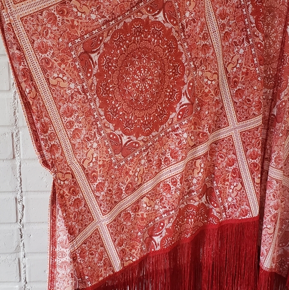Ember Red Paisley Print Fringe Kimono size Large or One Size Fits Most - Picture 5 of 7